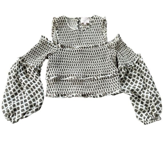 Silk Cinq a Sept Pascal Mini Medallion Blouse Small Smocked Off Cold Shoulder - Picture 2 of 13